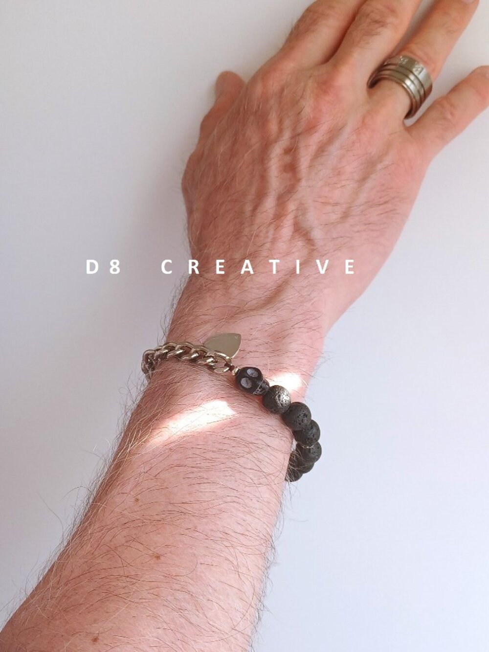 New men's cuban link chain black lava stone and sterling silver bracelet